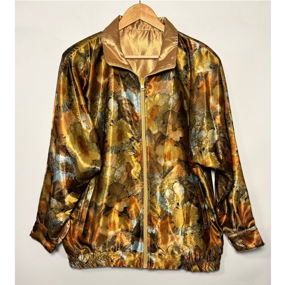 Vintage Reversible Metallic Satin Abstract Print Bomber Jacket